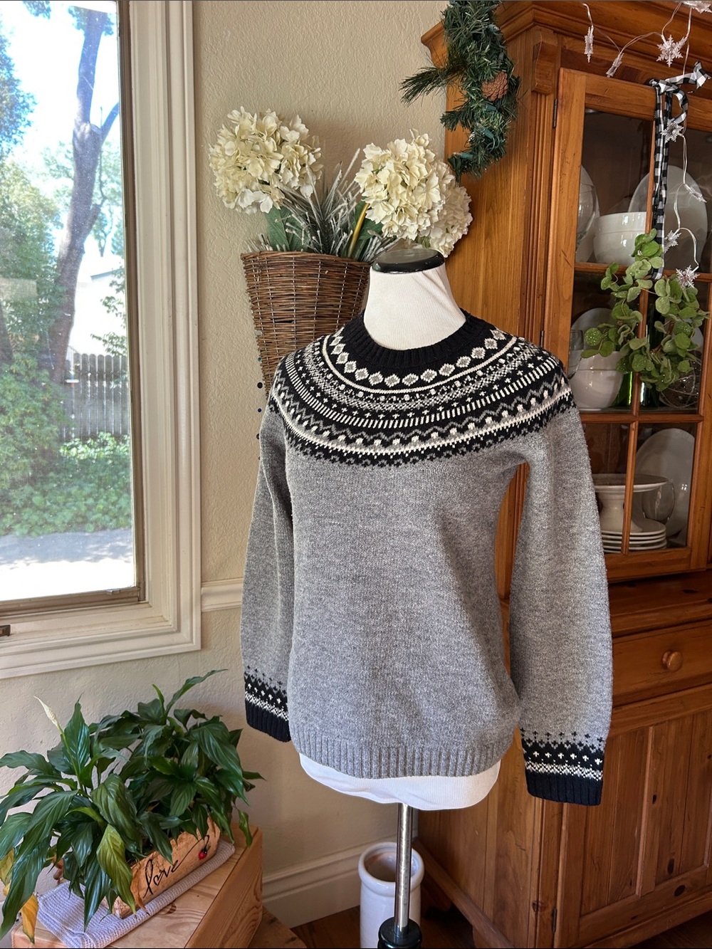 Kenar Black & White Lambswool Fair Isle Yoke Sweater with Embellishment Size Med